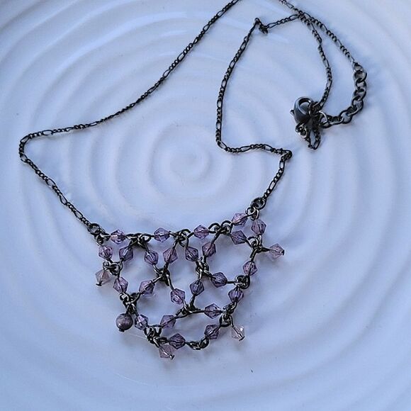 Purple beaded silver tone chain lattice necklace - Picture 5 of 6